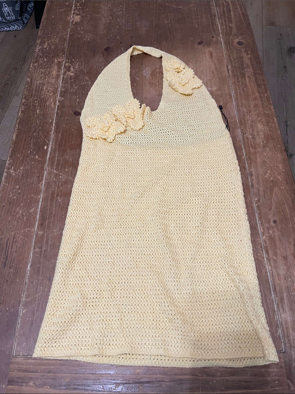 Yellow Crochet Halter Mini Dress with Floral Accents